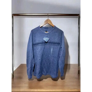 John Ashford Striped Sweater V Neck Long Sleeve Mens Size Medium Blue Cotton